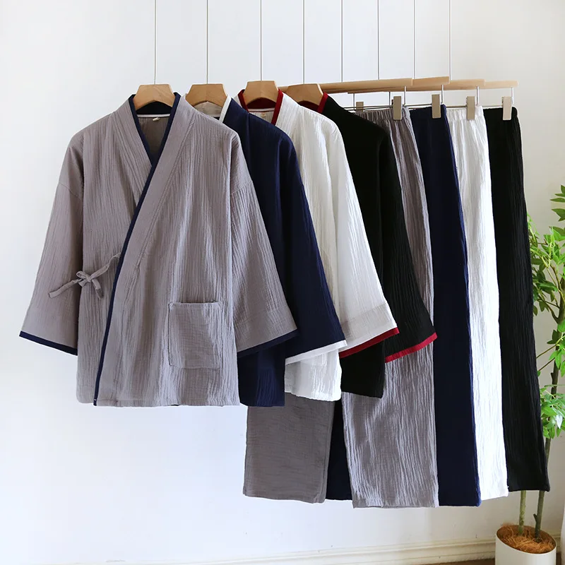 Spring and Autumn Thin Men's Kimono Robes with Long Trousres Cotton Color Matching Pajamas Plus Size Home Pyjamas Set