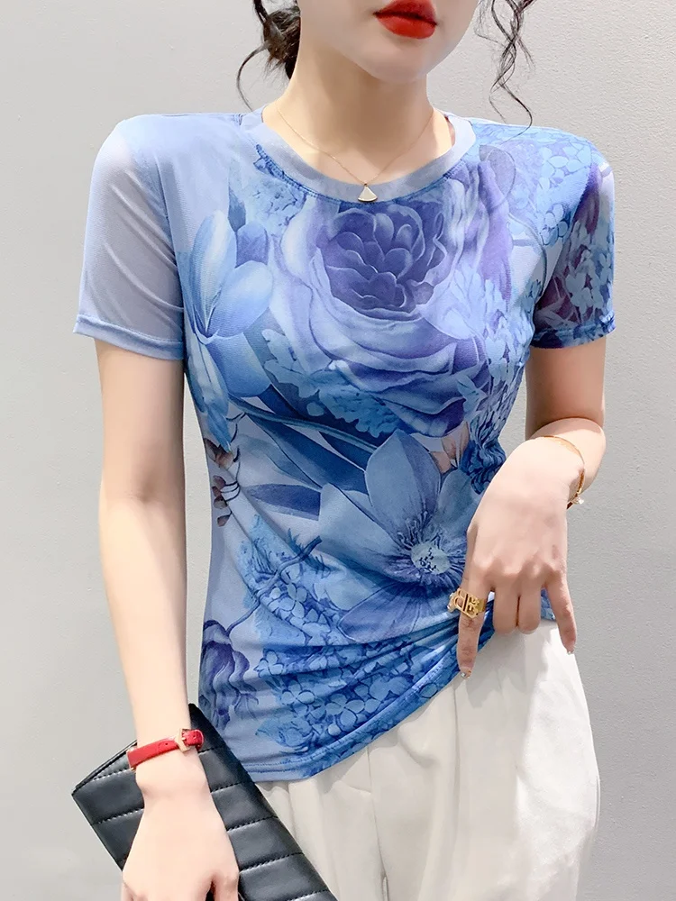 패셔너블 미 티셔츠 여성용 라운드넥 슬리밍 뷰티풀 프린트 탑 여름용 한국 스타일