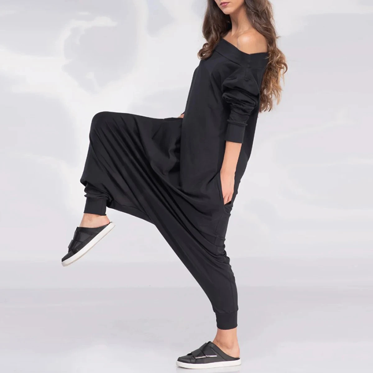 Uslemon Fashion Female Simple Black Casual Loose Solid Color Long Sleeves Pockets Off-The-Shoulder Jumpsuits For Women