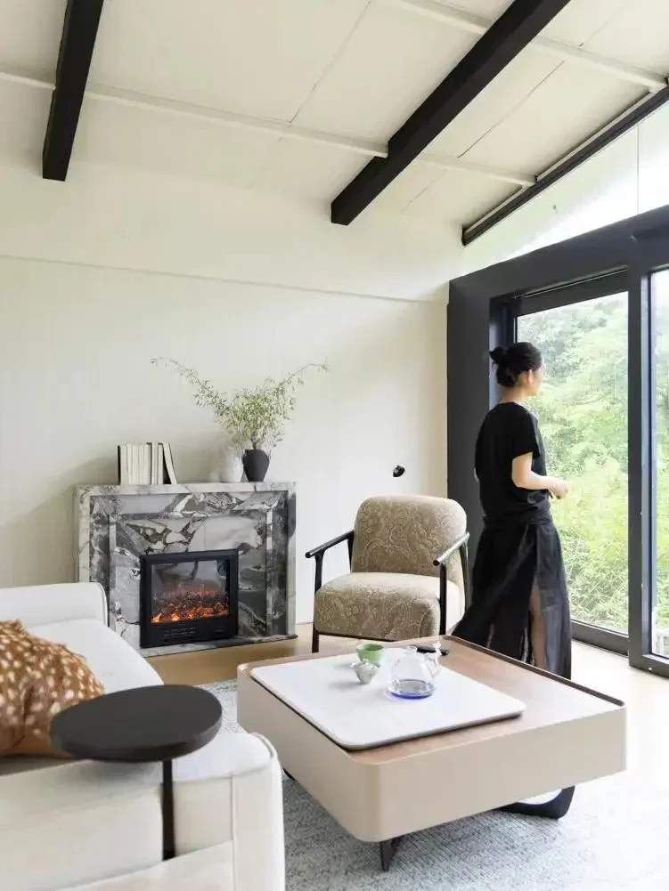 Rare blue grain/Turkish marble feeling simulated fire smart fireplace solid wood storage