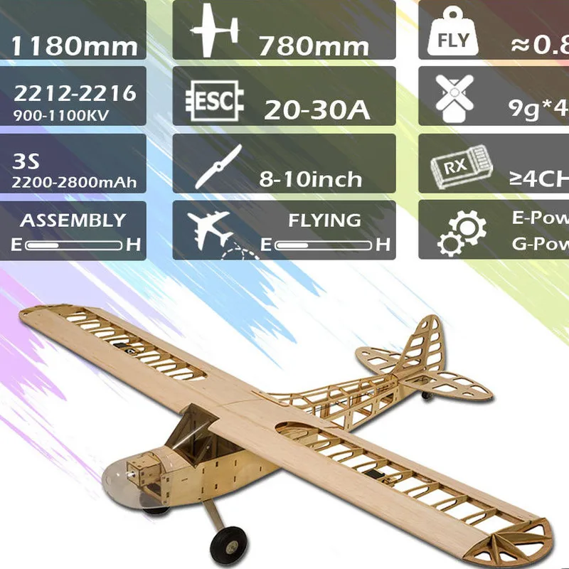 Avión eléctrico con control remoto, 1,2 m, 30e, ala fija de cuatro canales, J3, Animal joven, modelo de madera ligera, Material Diy