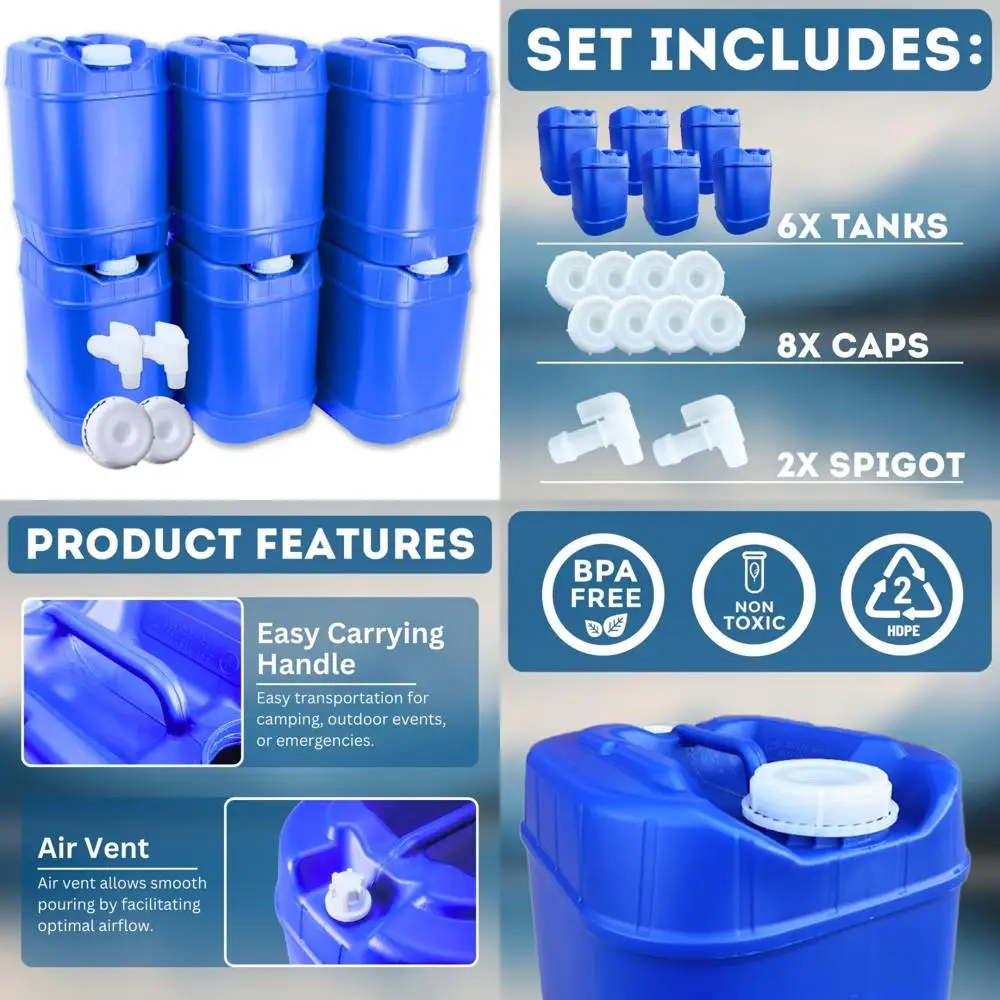 Contenitori per acqua impilabili da 5 galloni con coperchi e rubinetto - Fornitura di sopravvivenza di emergenza