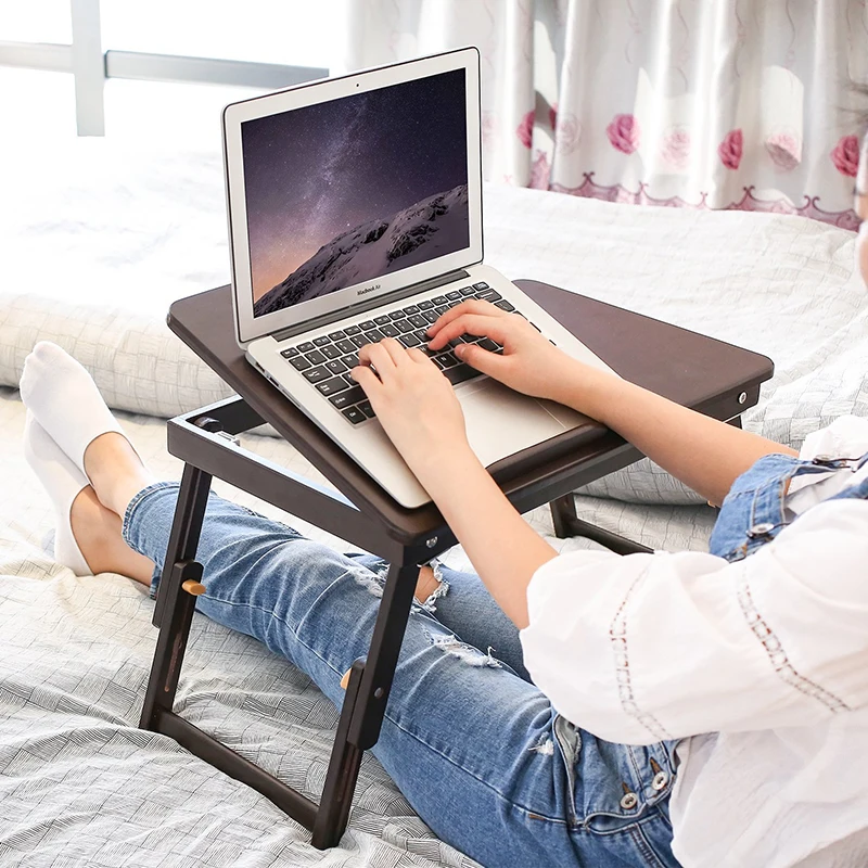 1Pc Adjustable Angles Laptop Table Laptop Bed Desk Bamboo Desk With Foldable Tray Drawer For Home