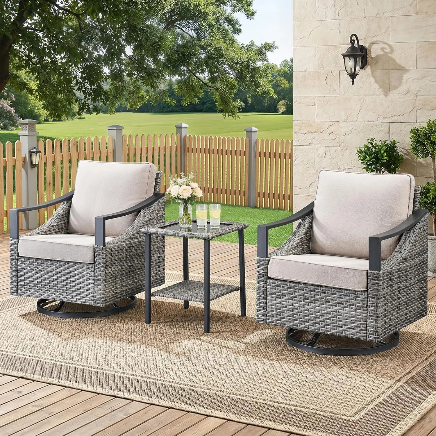 

3 Pieces Wicker Patio Furniture Set-High Back Swivel Patio Chairs Set of 2 with Rattan Side Table, PE Wicker Outdoor, Custom