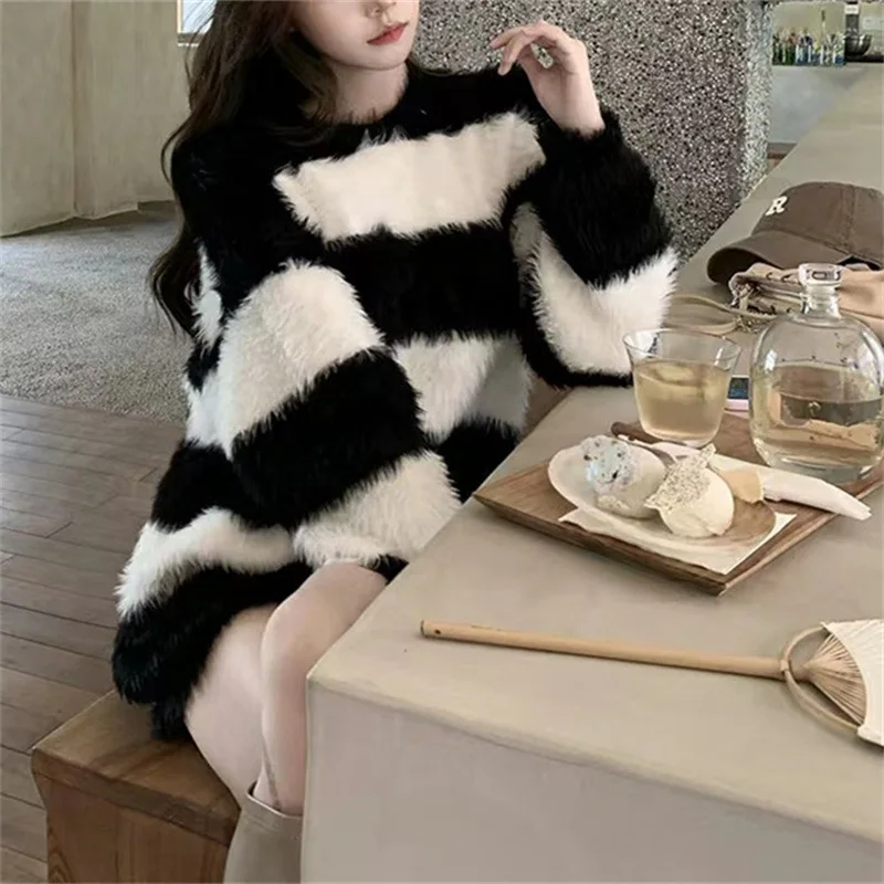 Lazy striped imitation mink velvet pullover sweater for women, retro style knitwear for women, autumn and winter