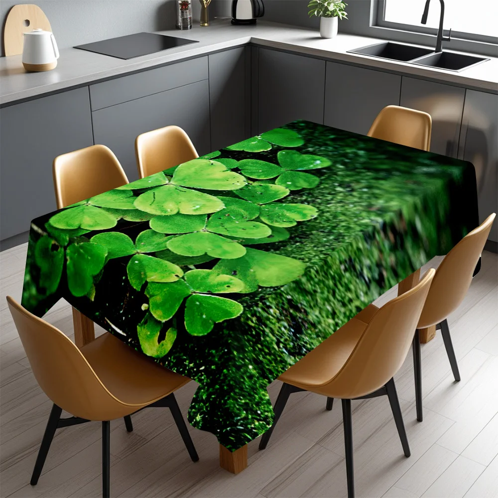 Clover Tablecloth, Fresh Green Four Leaf Clover Print, Washable Table Cover, Natural Botanical Style Dining Room Home Decor