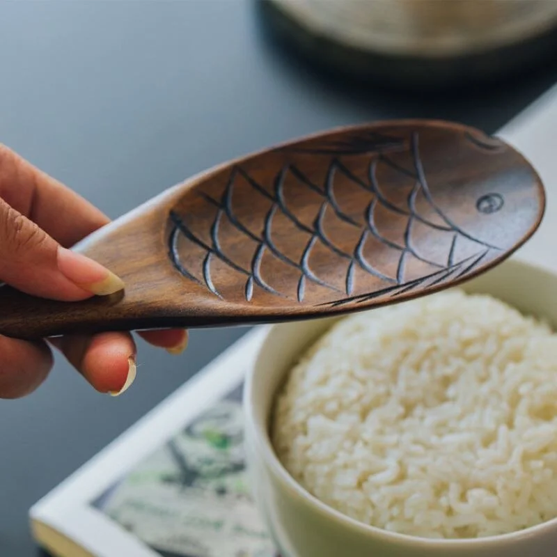 1Pc Nanmu Fish-shaped Rice Spoon Rice Paddle Hand-carved Creative Rice Spoon Gift Wooden Spoon Tableware Kitchen Utensil