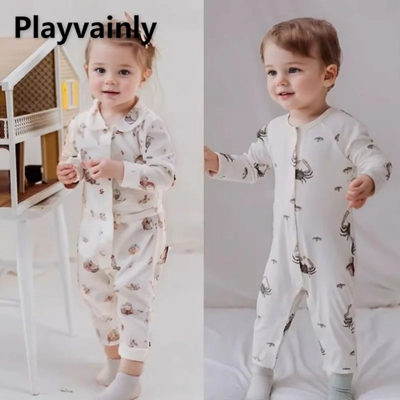 

Infant and Toddler Spring Autumn Jumpsuit Cartoon Print Long Sleeve Single Breasted Romper Warm Breathable Baby Pajamas A8520