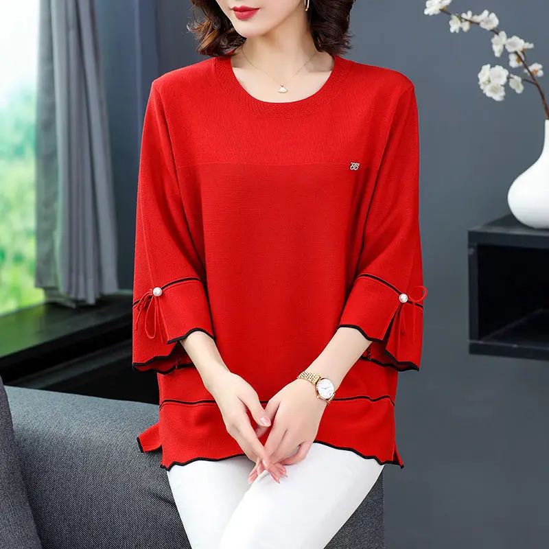 Elegant Chic Hollow Beaded Bow Three Quarter Sleeve Knitwears Women Fashion Simple Casual Loose Solid Pullover Knit Top Clothing