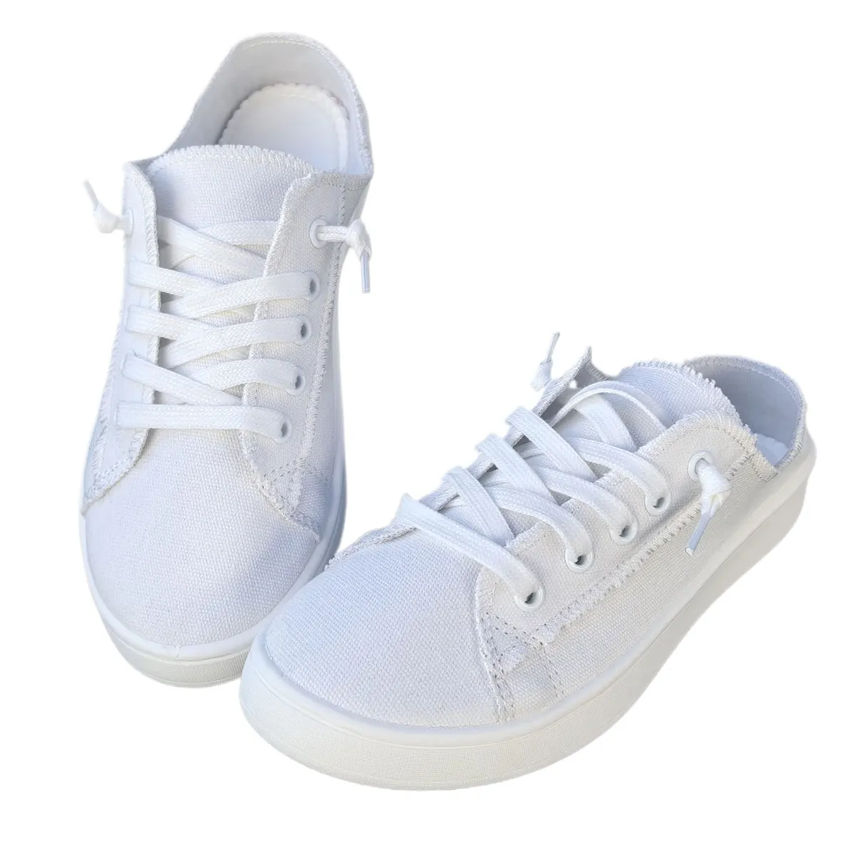 Women Solid White Raw Edge Backless Mule Canvas Sneakers Elastic No‑tie Lace‑up Flat Casual Shoes Ladies Lightweight Soft‑Sole Lazy Slip‑on Daily Walking Female Footwear