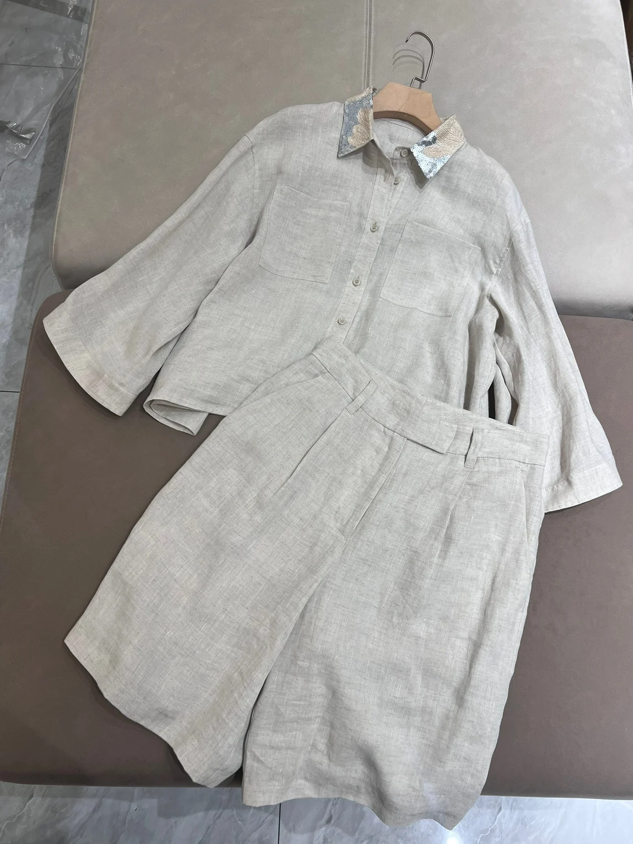 Casual linen exquisitely decorated linen set of clothes