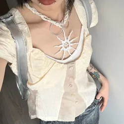 Deeptown Y2K Vintage Women's Blouse See Through Short Sleeve Slim Shirts Japanese 2000s Style Summer Gyaru Streetwear Cardigan