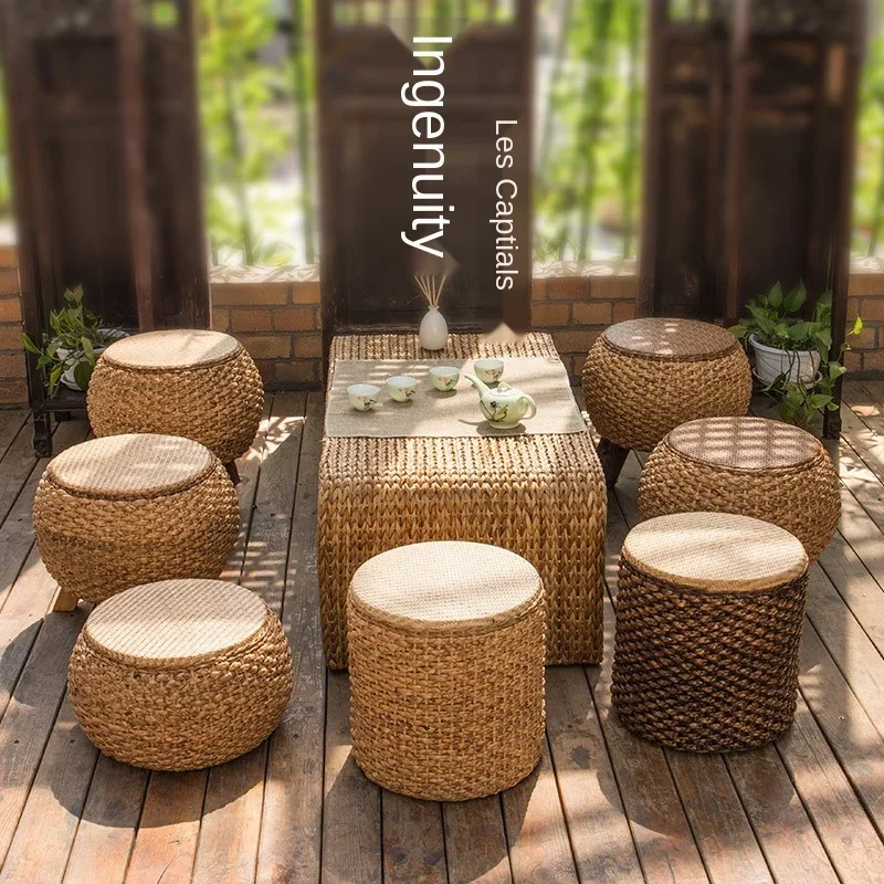 Handmade Rattan Pouf Strong Loadbearing Low Durable Creative Round Stool Countryside Taburete EcoFriendly Material