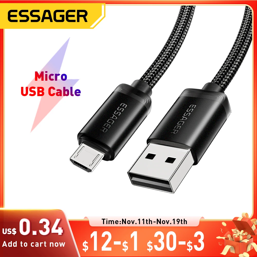 Essager Micro USB Cable Fast Charging Data Cable For Xiaomi Realme Huawei OPPO Samsung Mobile Phone Charger Cord  USB Micro Wire