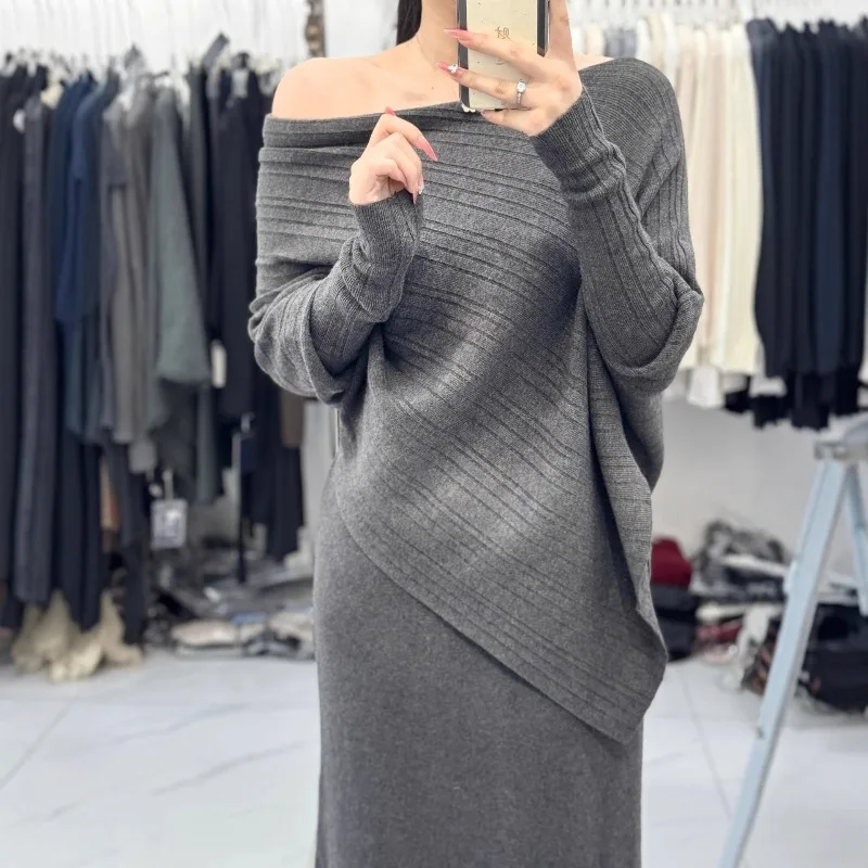 Conjunto de suéter de punto para mujer, falda larga ajustada, ropa de otoño de moda de dos piezas E12258