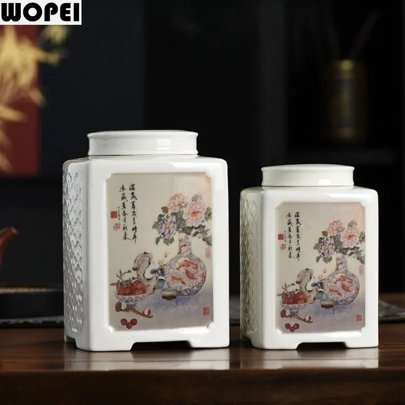 Vintage Ceramic Tea Can Kitchen Storage Tank Moisture Proof Teas Box Sealed Jar Tea Caddy Coarse Grains Jar Food Containers