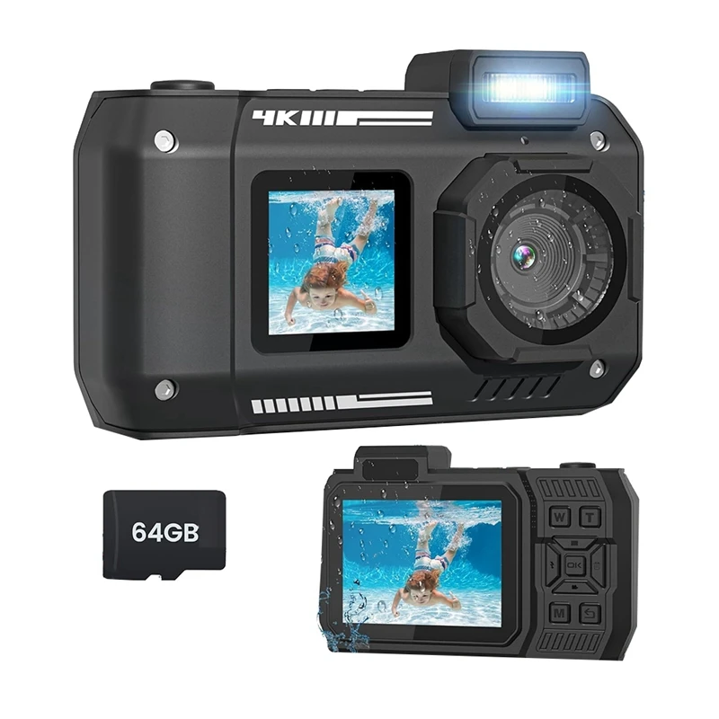 

FORW-Waterproof Camera 4K 65MP Underwater Camera With 64G Card, For Snorkeling Autofocus Selfie Dual-Screen