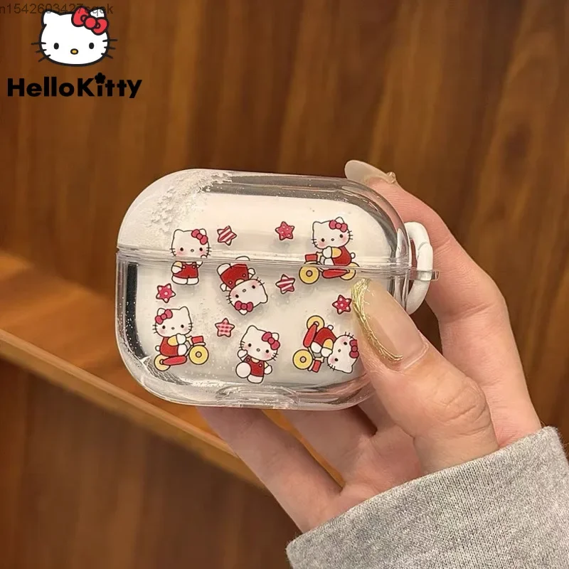 Sanrio Hello Kitty Bluetooth Earphone Case Snowflake Flowing Sand Transparent Cover For AirPods 1 2 3 Generation Headset Pro