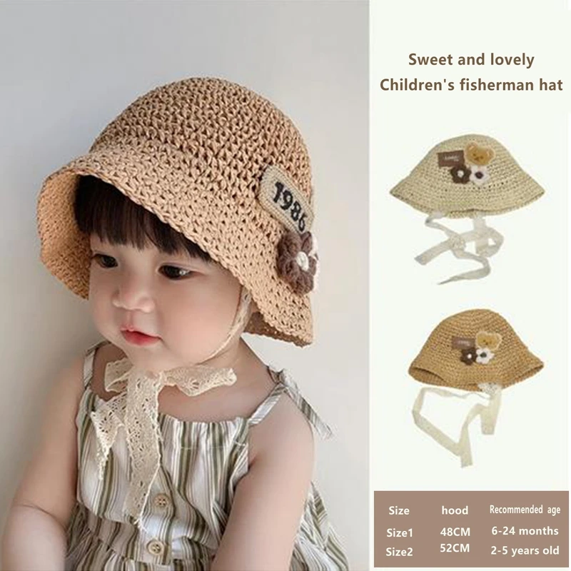 6M-5Y Little Girl Summer Cute Kawaii Straw Hats Bear Flower Pattern Bow Knot Tied Breathable Wide Brim Fisherman Caps for Beach