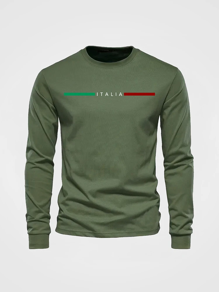 New Men's Casual Long-sleeve T-shirt with ITALIA Letter Print Round Neck Long Sleeve Simple Solid Color Men's Autumn Sportswear