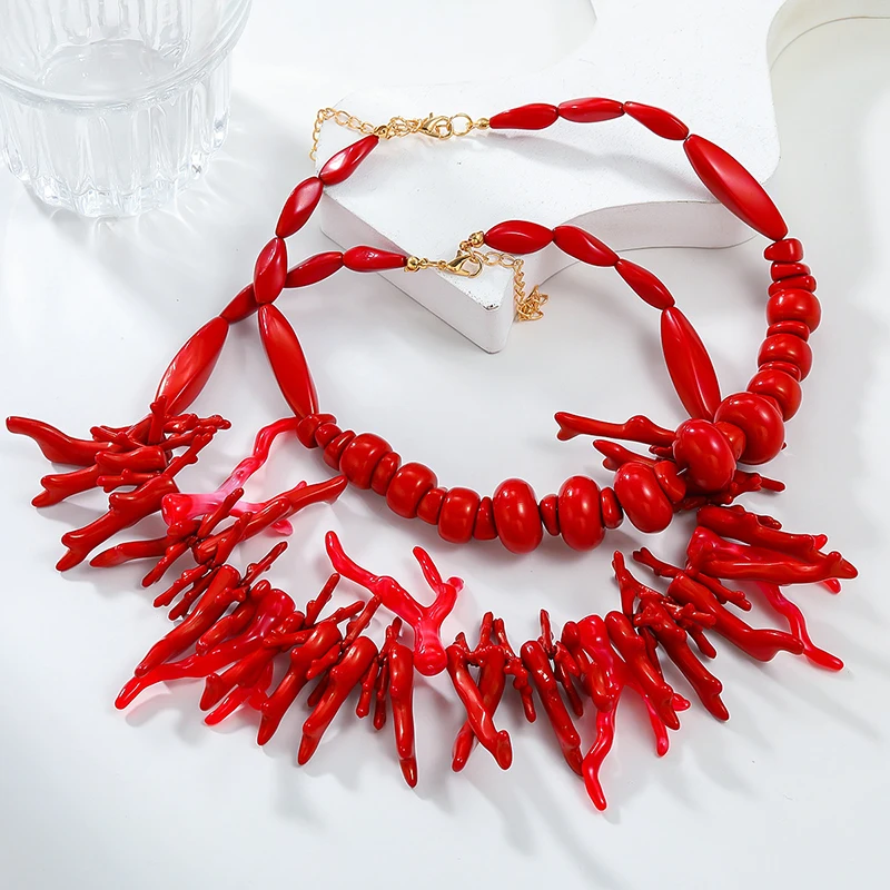 2Pcs Vintage Exaggerated Red Coral Necklace For Women Girls Fashion Boho Style Statement Retro Necklaces Fine Jewelry Gifts