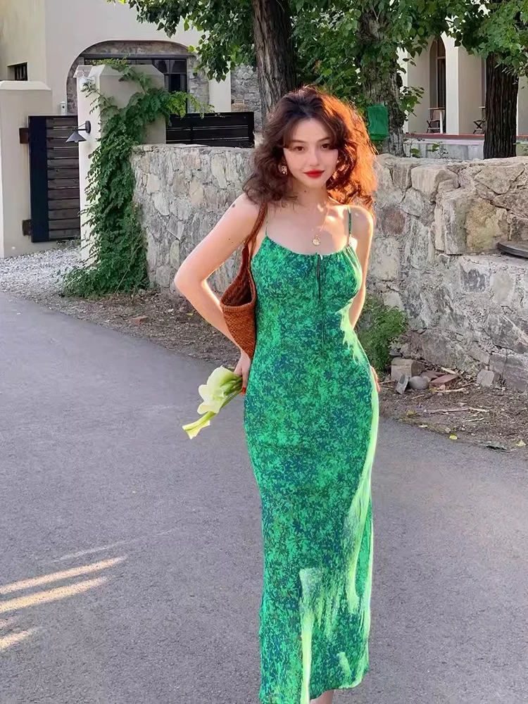 RORORIRI Retro Green Floral Long Dress Women Square Neck Bandage Spaghetti Straps Split Casual One-piece Dress Summer Clothes