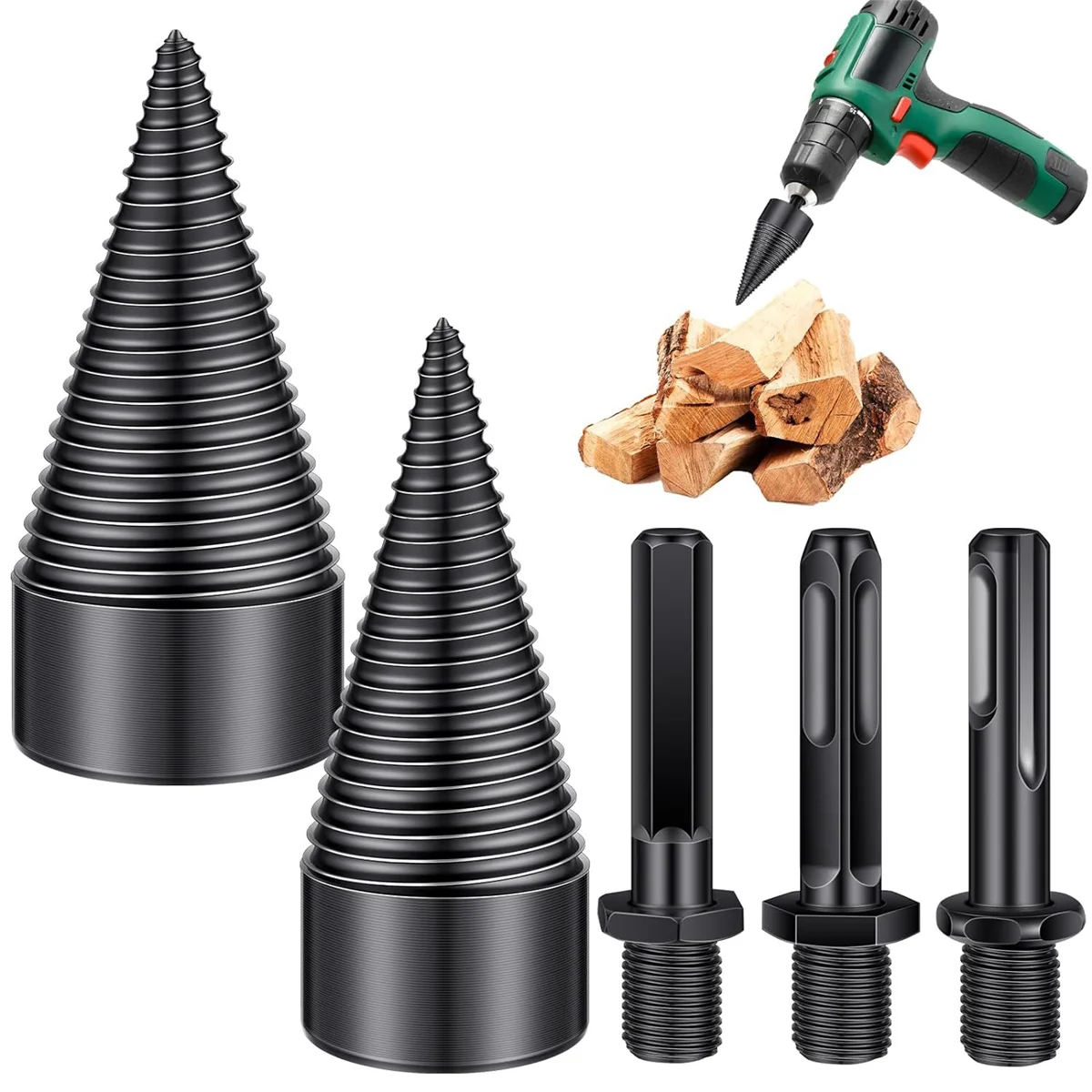 5 Pcs Firewood Log Splitter Drill Bit,Removable Splitter Drill Bits, Screw Cones Kindling Splitter, Splitting Drill Bit