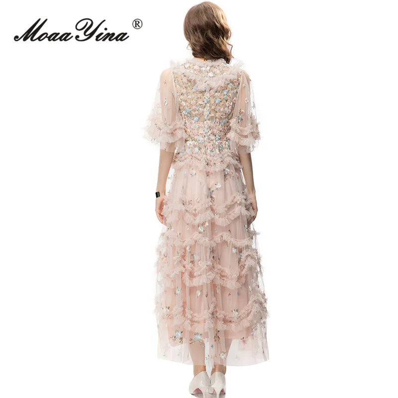 MoaaYina Summer Fashion Designer Elegant Mesh Party Dress Women O-neck Half Sleeve Ruffles Embroidery High Waist Slim Long Dress