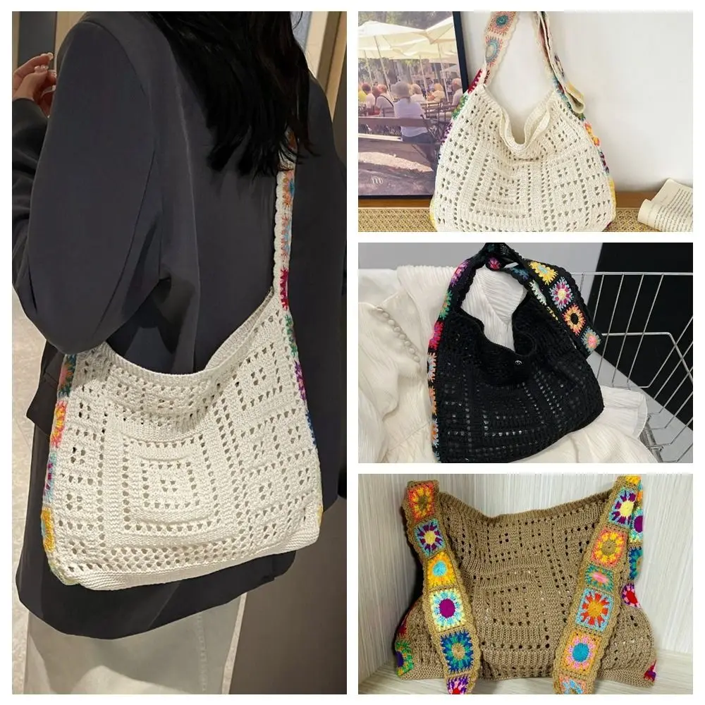 Elegant Solid Color Knitted Shoulder Bag Bohemian Hollow Crochet Tote Bag Woven Sundries Storage Bag Shopping Handbag Girls