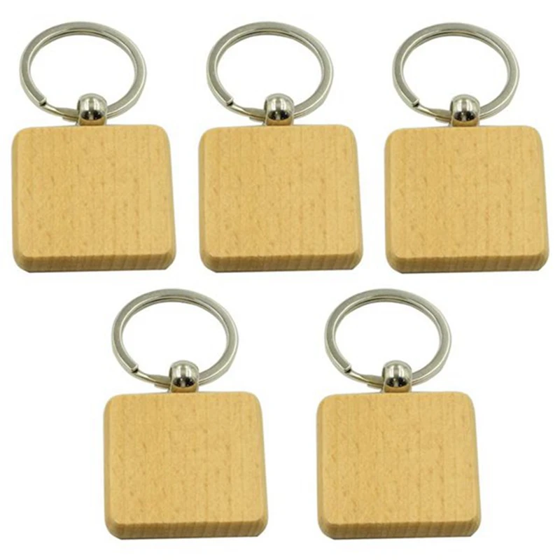 100Pcs DIY Blank Wooden Key Chain Square Carved Key Ring Wooden Key Ring About 40 x 40 mm