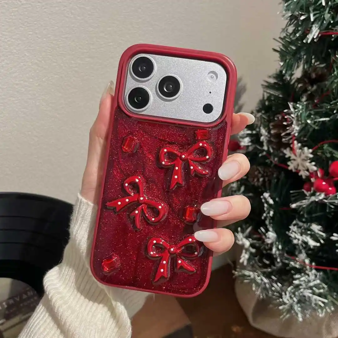 luxury 3D Creative Stereoscopic Bowknot Red  Phone Case For iPhone 15 14 13 12 11 16 17 Pro Max New Year gift Cover