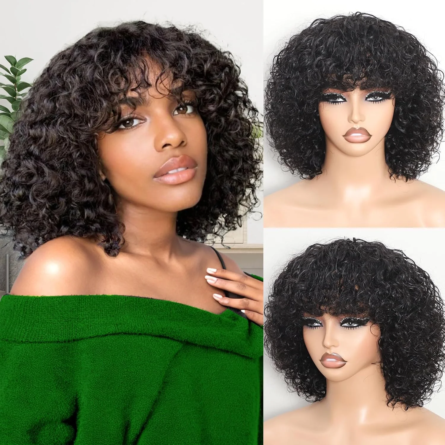 

Curly Human Hair Wigs with bangs 200% High Density Non Lace Front Wig Wear And Go Glueless Colord Wigs For Black Women 10