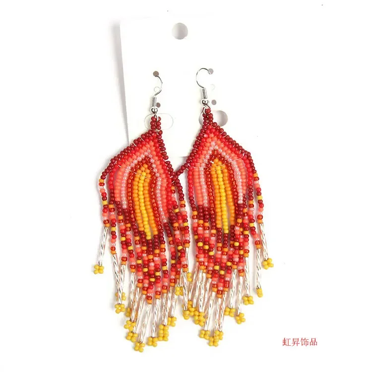 

Fringe Earrings Hand knitting Beading Bohemia Splicing nation personality alloy geometry ma'am Rice Bead Earrings