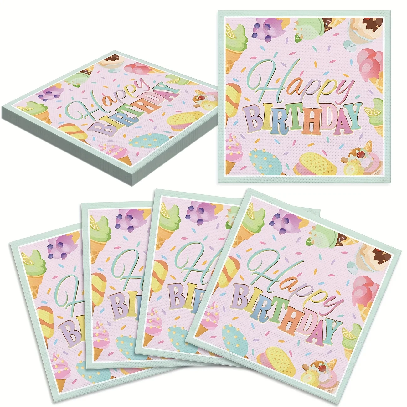 Servilleta de papel de cumpleaños de helado, servilletas desechables de macarrón, servilleta de cena de feliz cumpleaños para cumpleaños, Babyshower, tema de verano
