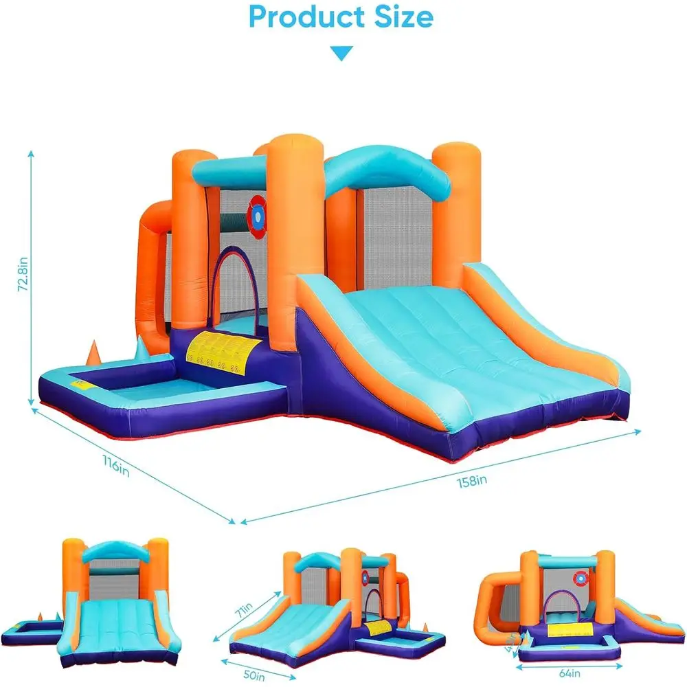 Springhuis met ballenbak, springkasteel met glijbaan, eetbaar kasteel met luchtblazer, springhuis voor binnen en buiten voor kinderen, 158x116