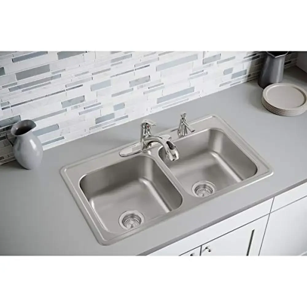 Double Bowl Drop-in Stainless Steel Sink 33x19x8 Commercial Grade Quiet Center Drain Easy Install Daily Cleaning Elite Satin