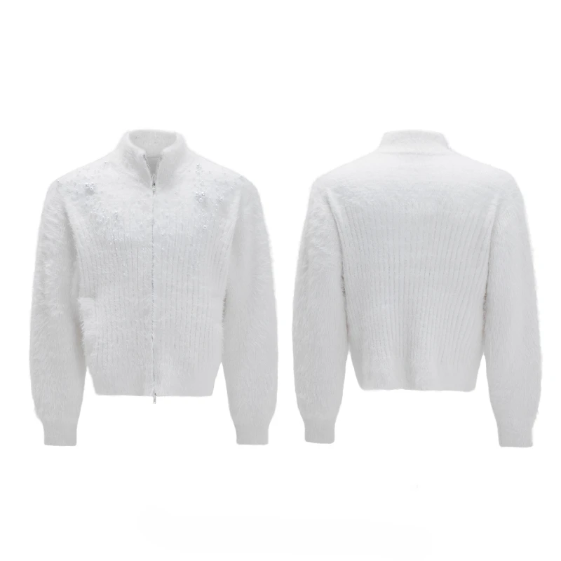 سترة صوفية رجالية شتوية جديدة أنيقة موديل 2025 ذات ياقة عالية ومزينة باللؤلؤ سترة أنيقة سميكة بلون سادة وأكمام طويلة تريكو #5