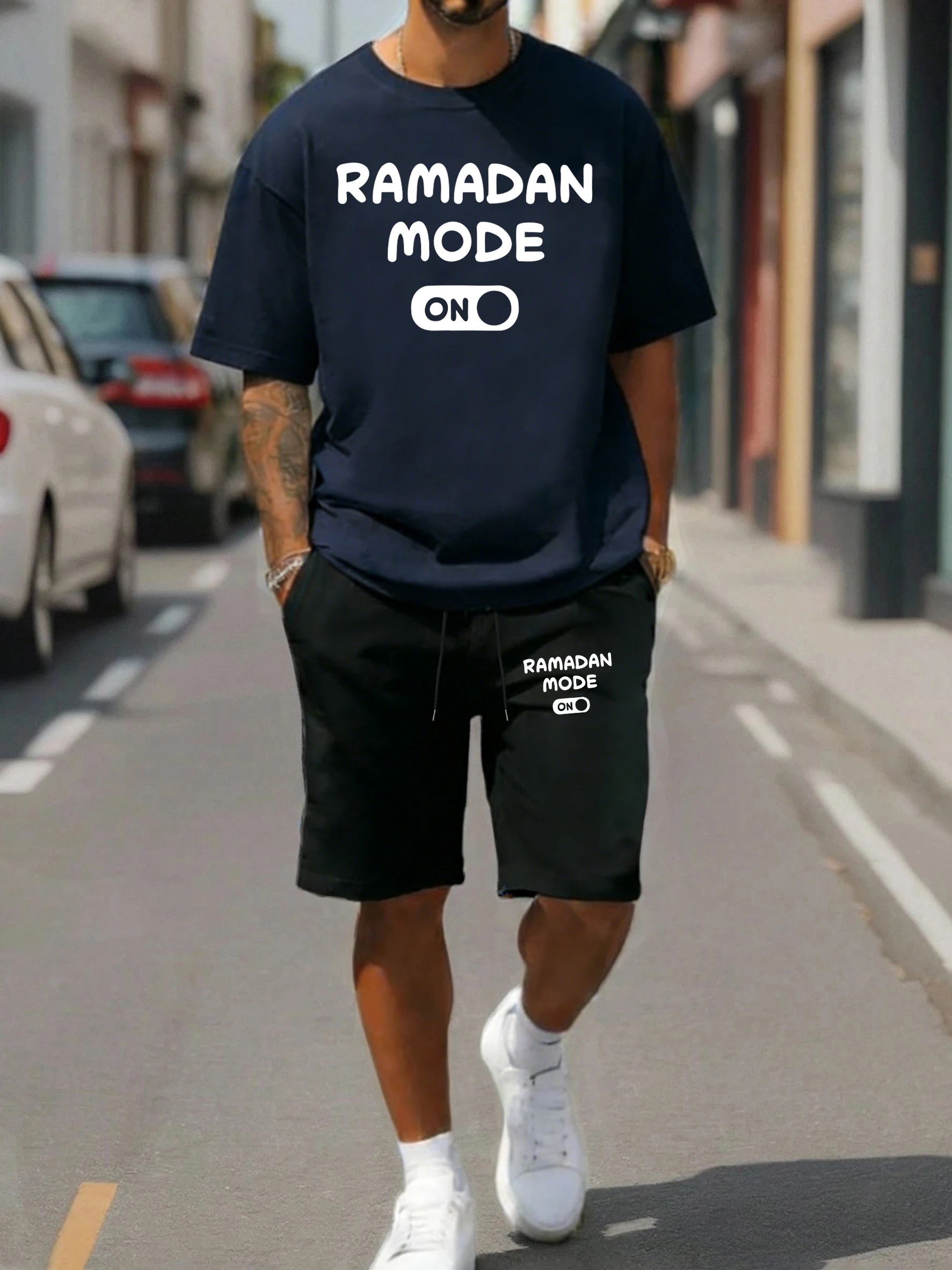 

Ramadan Mode On Printed Men Sportsuit Summer Cotton Tee Fashion Drawstring Shorts Loose Retro Clothes Unisex O-Neck T-Shirt