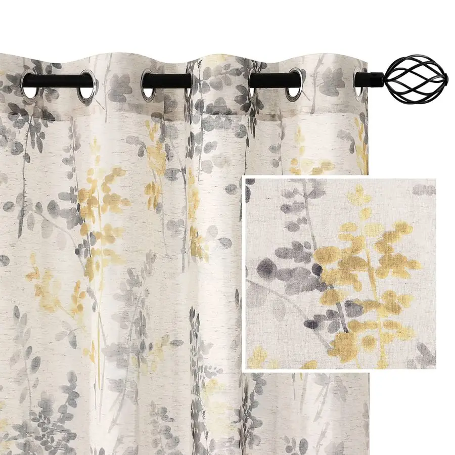 

Sheer Linen Curtains 84 Inch Long Semi Sheer Curtains Draperies for Living Room Bedroom Vintage Classical Floral Printing Window