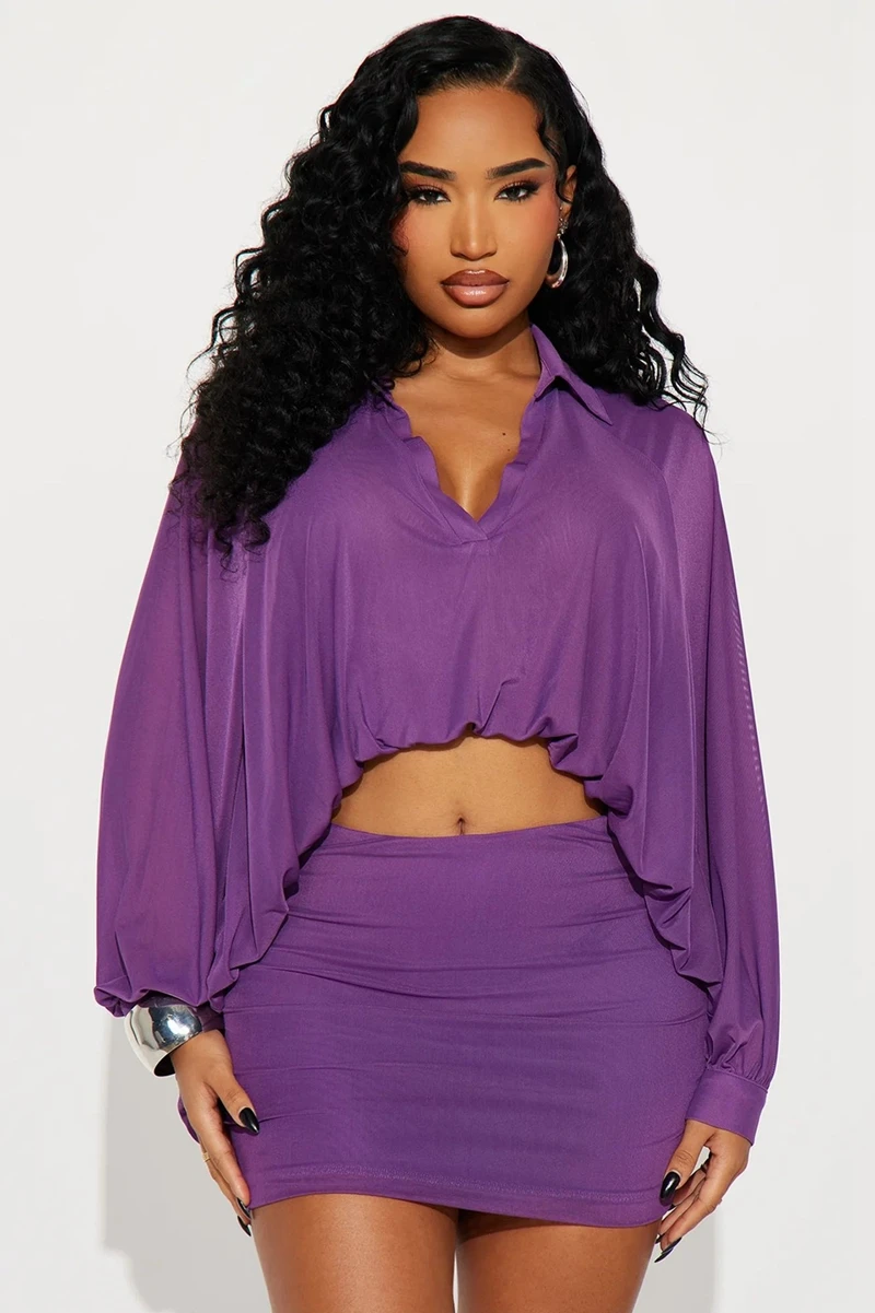 STYLISH LADY Elegant OL 2 Piece Set Women Batwing Sleeve Asymmetrical Top and Mini Skirt Sets 2025 Autumn Party Solid Outfits