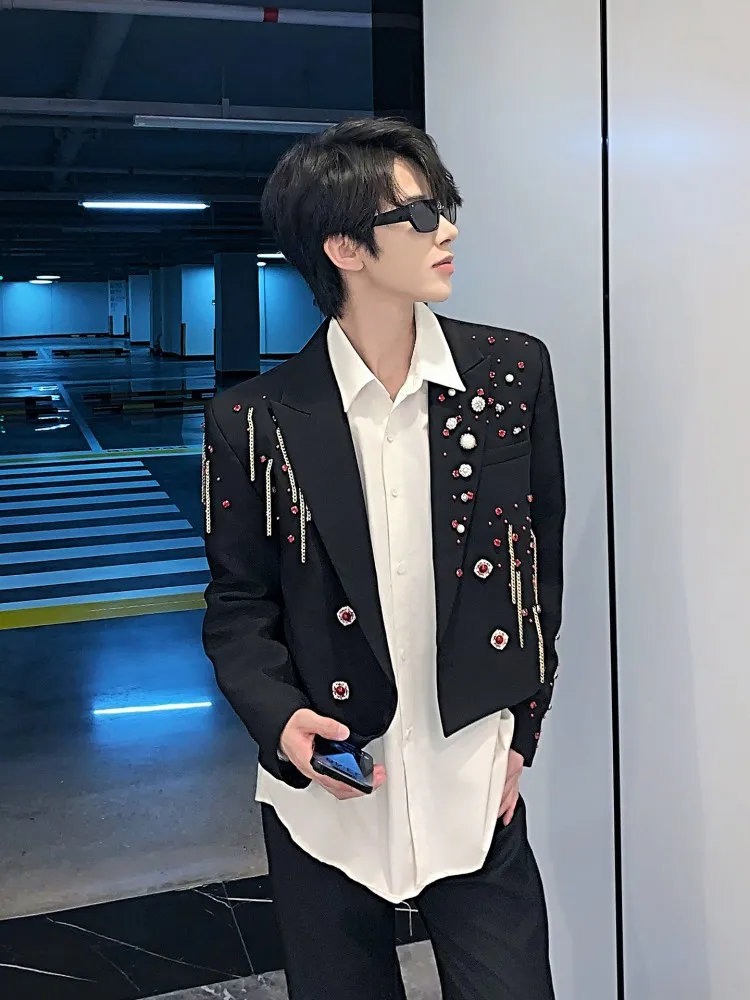 Casual Men New Fashion Diamond Inlaid Tassel Chain Suit Jacket Spliced Designer Blazer Single Breasted Loose Fit Outerwear Coat