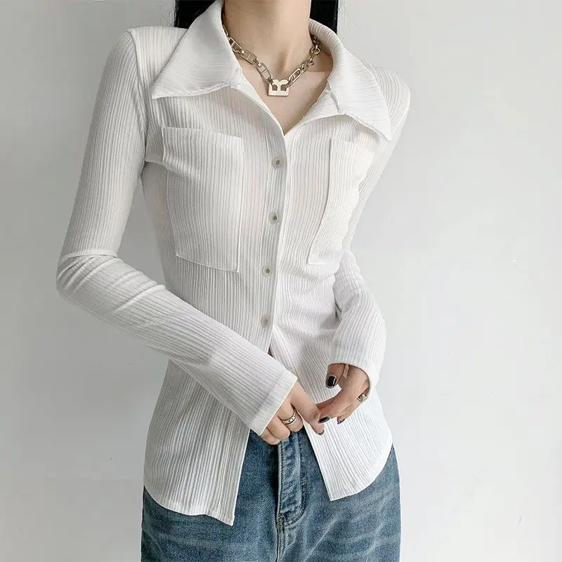 Woman Top Button Up White Spring and Autumn Full Shirts & Blouses for Women Long Sleeve Loose Modern Youthful Clothes Elegant M