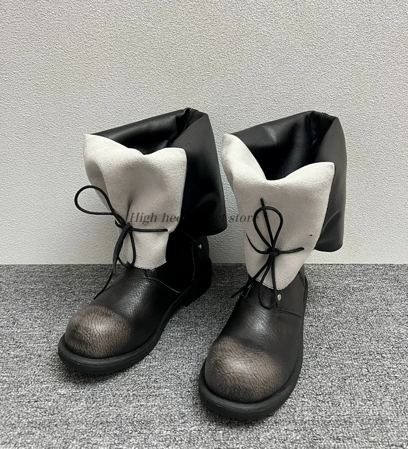 Vintage round toe lace up flod mid calf boots leather black/Khaki flats strappy causal dress booties luxury designer soft shoes view 4