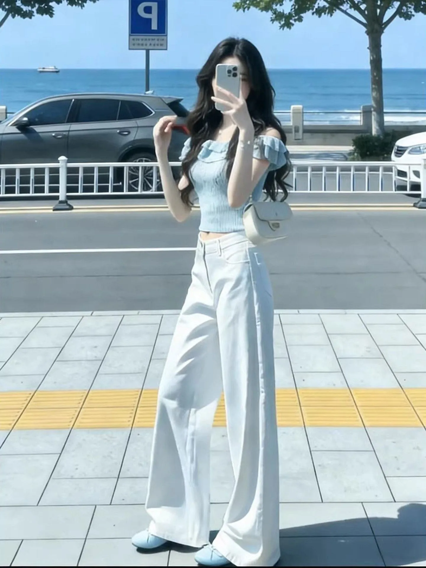 Summer Fashion Set Women's Short Fit Top And Wide Leg Pants Two Piece Suite Korean Style Shoulder Bared Clothing Slimming Effect