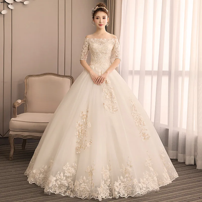 

Fashion Boat Neck Ball Gown Wedding Dresses Classic Elegant Lace Applique Suknia Slubna 2023 New Tulle Robe Mariage Femme