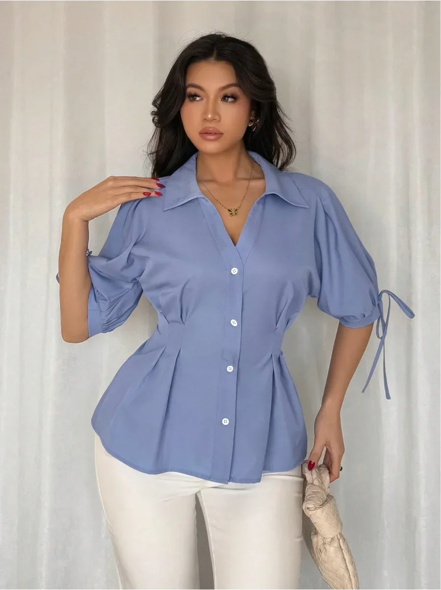 

2025 темпераментная рубашка-кардиган с завязкой на талии для женщин, женская рубашка, однотонная рубашка с топом с короткими рукавами и шнурком