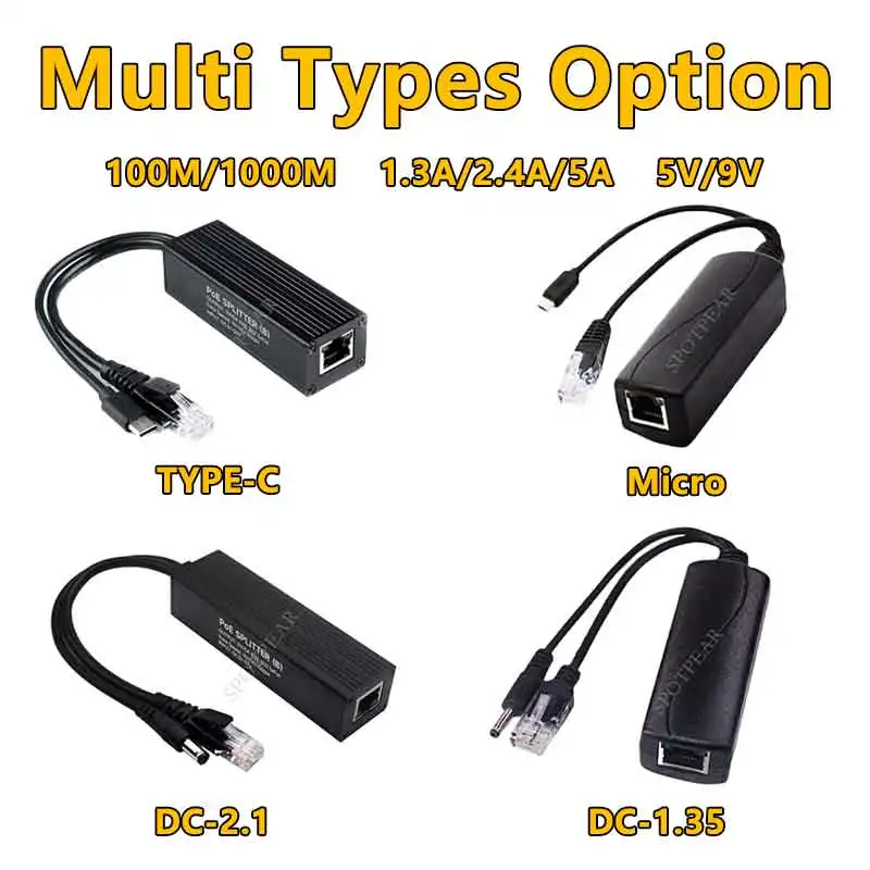 Industrial Gigabit PoE Splitter Options Type-C/DC/Micro For Raspberry Pi /WebCamera/WirelessAP