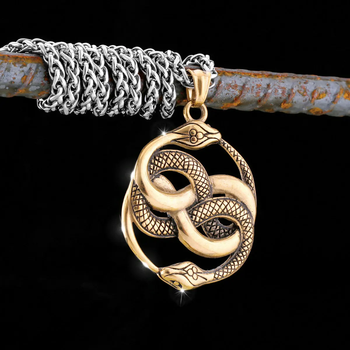 Vintage Creative Design Ouroboros Snake Viking Necklace Nordic Men Stainless Steel Double Snake Odin Pendant Amulet Jewelry New