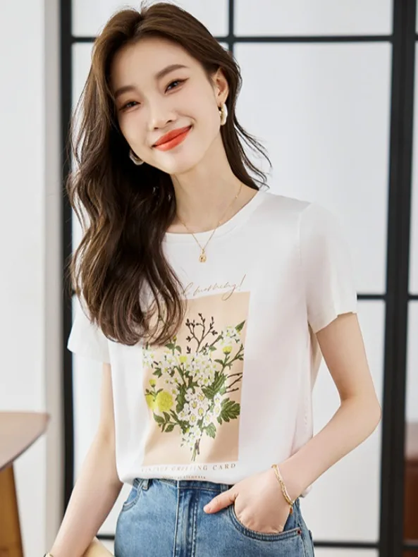 

Women's Fashionable Loose Short Sleeve Shirt round Neck T-Shirt Summer Chiffon Acetate Top Breathable Comfortable Lightweight