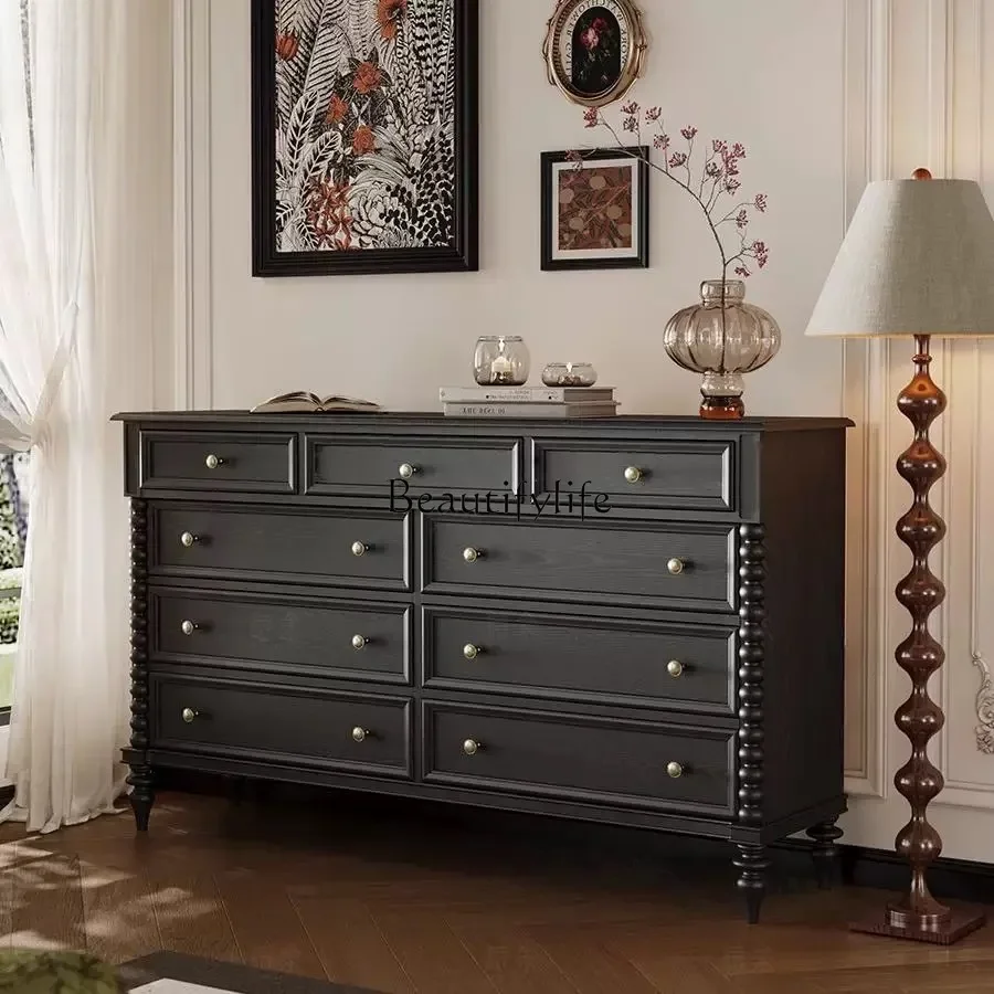 

FG10French retro solid wood black living room against the wall locker bedroom dresser chest cabinet integratedL